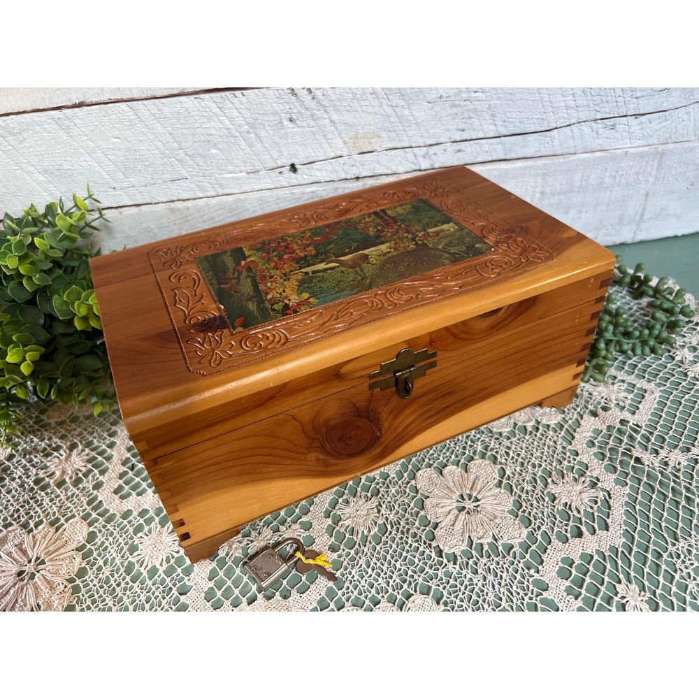 Vtg Hand Carved Cedar Wood Jewelry Box Buck Deer Landscape Keepsake Chest